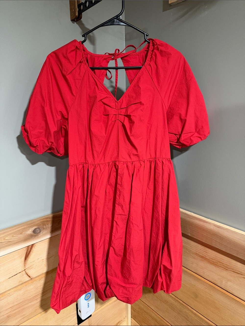 Red Puff-Sleeve Mini Dress with Keyhole Tie